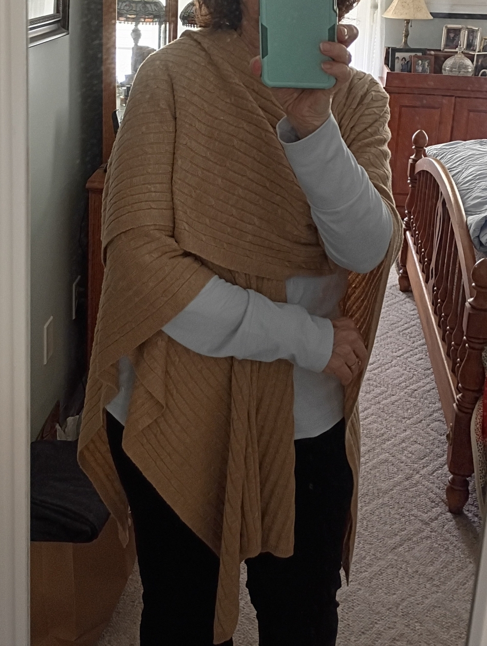 Lands' End Soft Knit Beige Ribbed Open Poncho